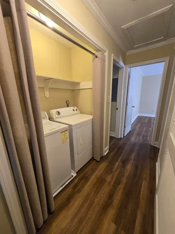 a view of a bathroom with wooden floor