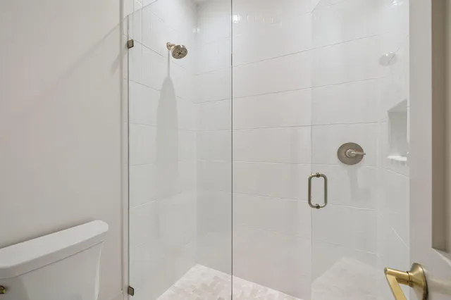 a bathroom with a shower and toilet