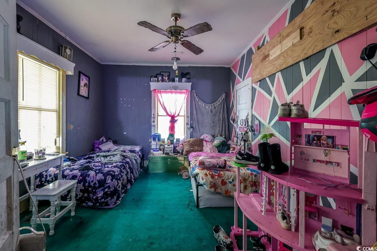213 North Magnolia Avenue Andrews, SC 29510 - Photo 14 of 20 Carpeted bedroom featuring ornamental molding and ceiling fan