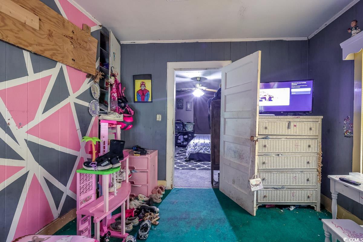 213 North Magnolia Avenue Andrews, SC 29510 - Photo 15 of 20 Carpeted bedroom featuring ornamental molding and wood walls