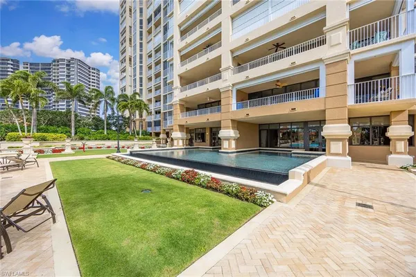 a view of a swimming pool with a yard