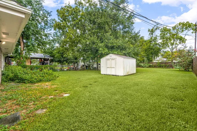 a backyard of a house with plants and large trees