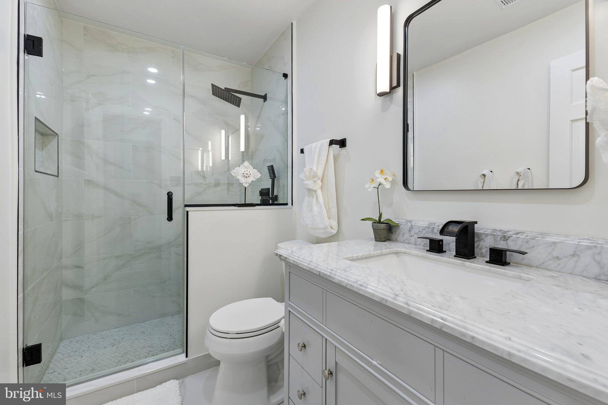 11841 Shire Court, Unit 31D Reston, VA 20191 - Photo 17 of 24 a bathroom with a granite countertop sink a toilet and a mirror