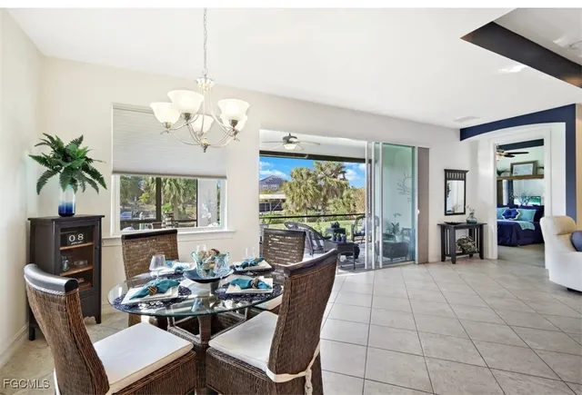 a view of a dining room with furniture a livingroom and chandelier