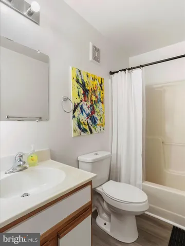 a bathroom with a sink a toilet and a shower curtain