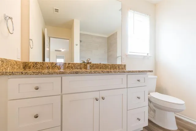 a bathroom with a granite countertop sink toilet and mirror