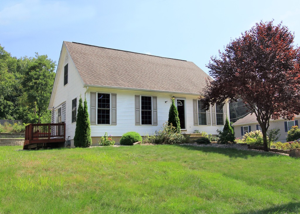 a front view of house with a garden