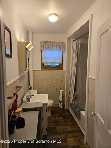 a bathroom with a sink a toilet and shower