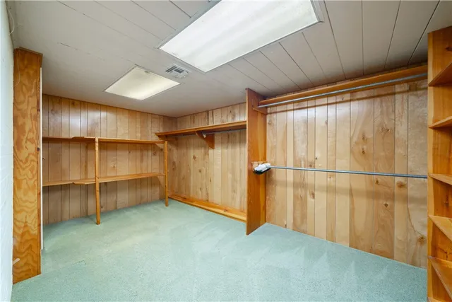 a view of walk in closet with wooden walls