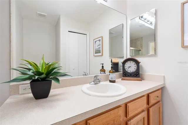 a bathroom with a sink a vanity and a mirror