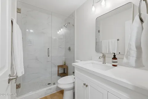 a bathroom with a sink a toilet and shower