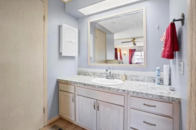 a bathroom with a sink and a mirror