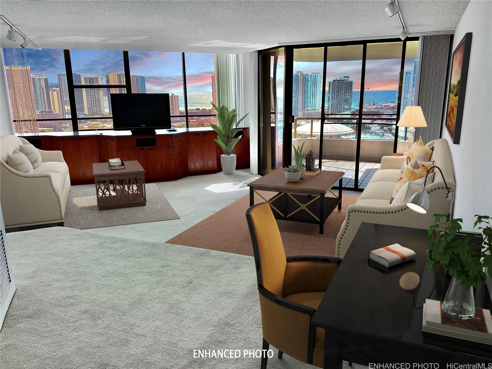 Sunken Living Room ENHANCED with Virtual New Paint, Carpet, and Sunset!   Endless possibilities... Bring your own Contractor & Interior Designer.