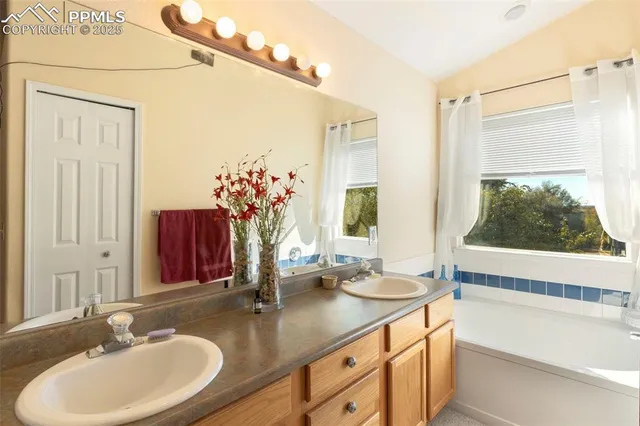a bathroom with a double vanity sink mirror and a bathtub