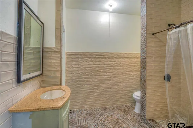 a bathroom with a sink a toilet and shower