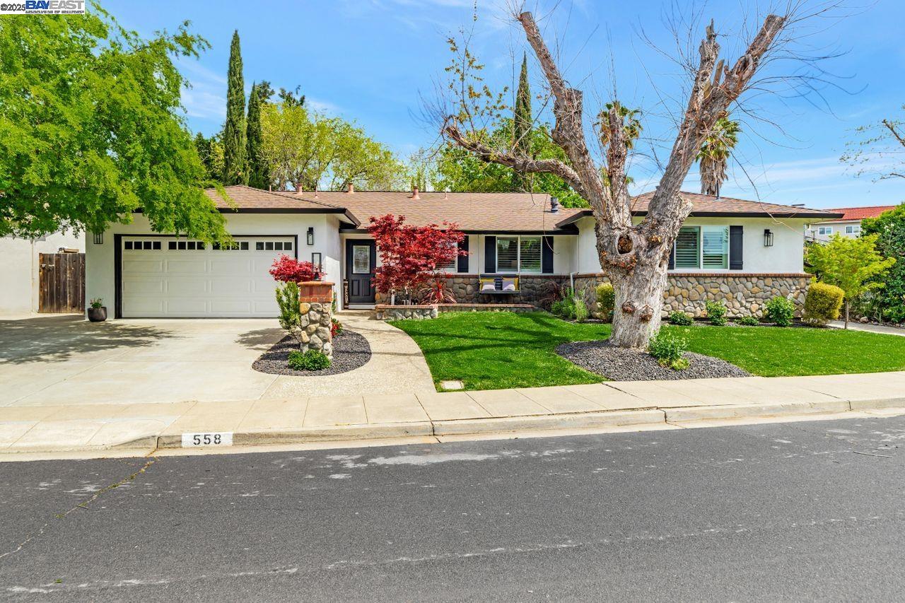 a front view of house with yard and green space