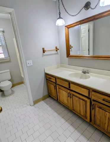a bathroom with a sink a toilet and mirror