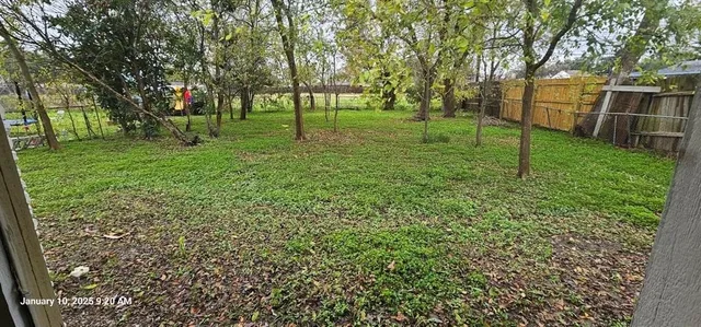 a view of a backyard with large trees