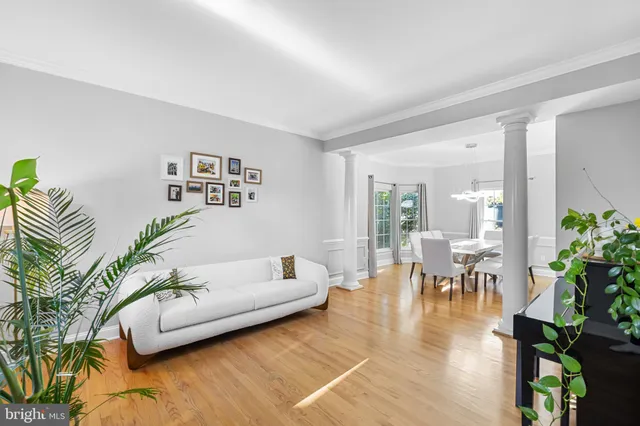 a living room with furniture potted plant and a table