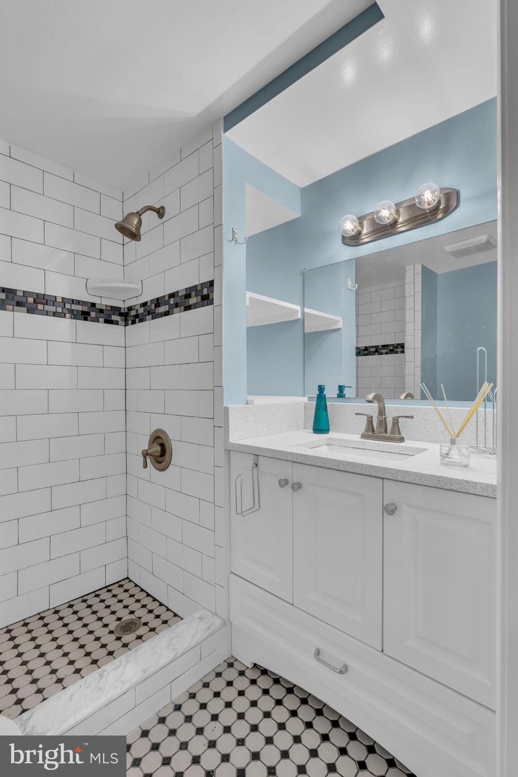 6809 Braddock Road Springfield, VA 22151 - Photo 45 of 60 a bathroom with a sink a mirror and a shower