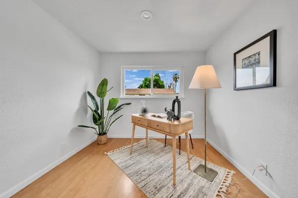 a living room with furniture and a potted plant