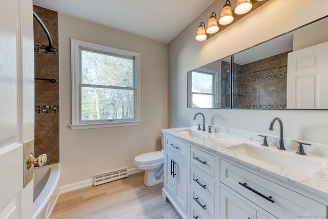 a bathroom with double vanity sink a mirror and a bathtub