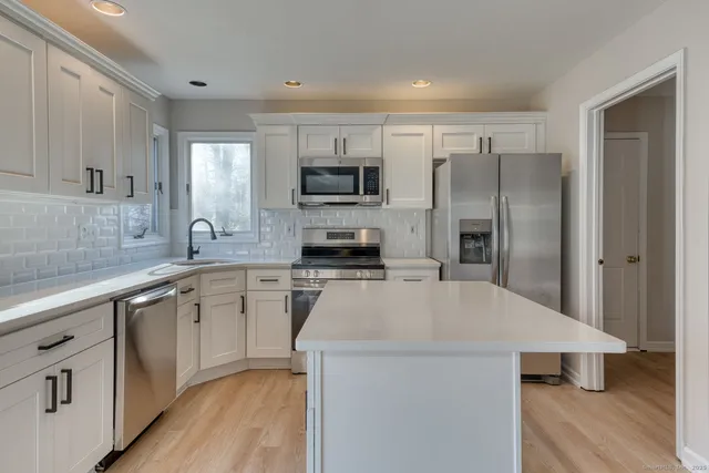a kitchen with a refrigerator a sink a stove a microwave and cabinets