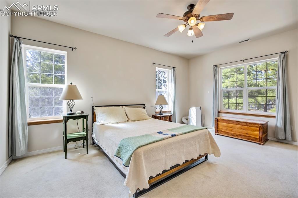18554 Wetherill Road Monument, CO 80132 - Photo 23 of 50 a bedroom with a bed and a chandelier