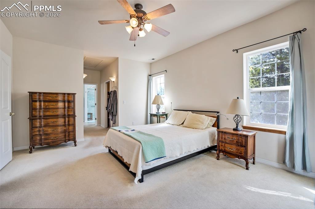 18554 Wetherill Road Monument, CO 80132 - Photo 24 of 50 a bedroom with a bed and a chandelier