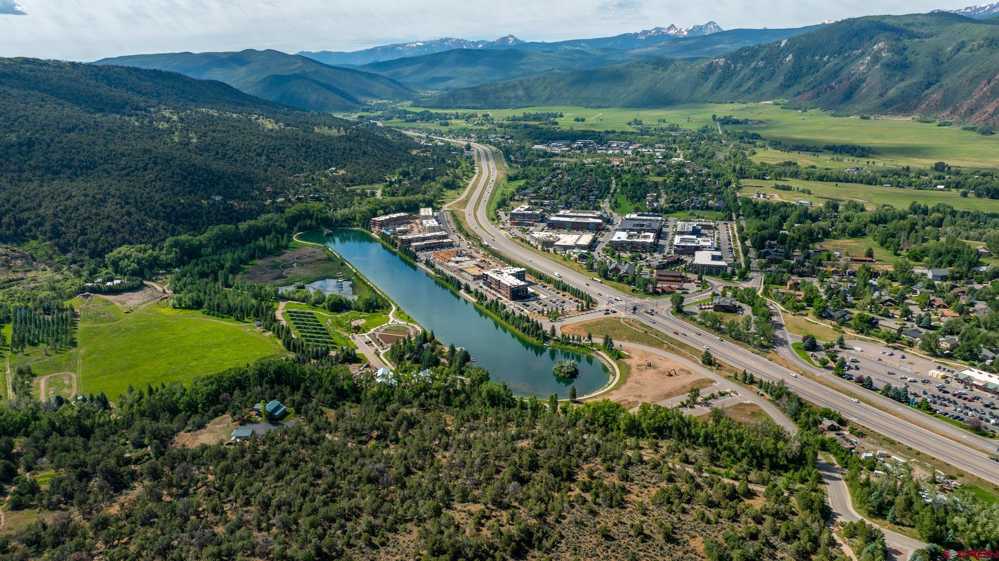 a view of a city with lush green forest