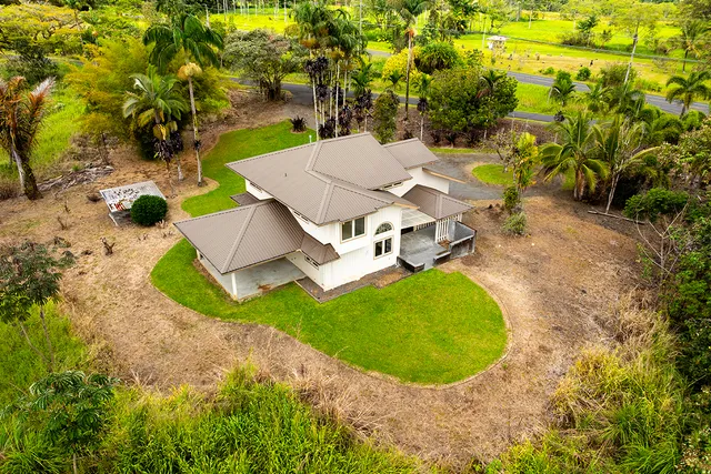 an aerial view of a house with swimming pool and large trees