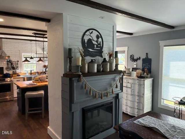 a view of a living room and bathroom