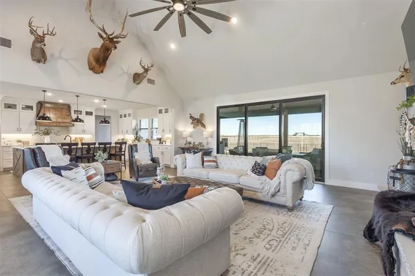 a living room with lots of furniture and a large window
