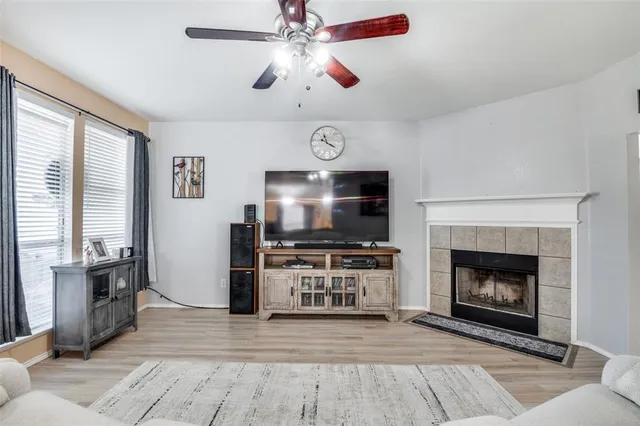 a living room with furniture a fireplace and a flat screen tv