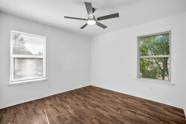 a view of a yard with plants and trees