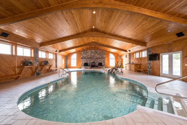 a view of a swimming pool and an ocean view