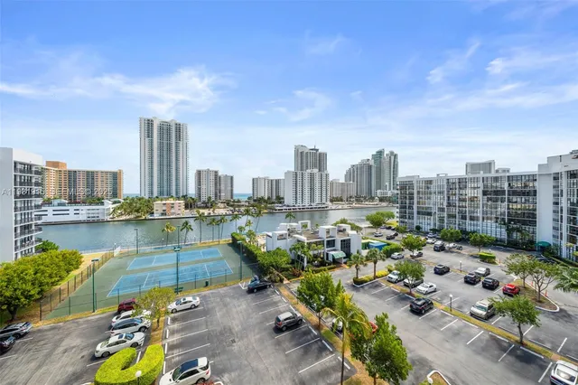 a view of a city with sitting area