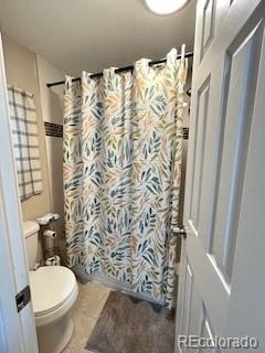 7115 Harold Street, Unit 2 Fort Lupton, CO 80621 - Photo 12 of 27 a bathroom with a toilet and shower curtain