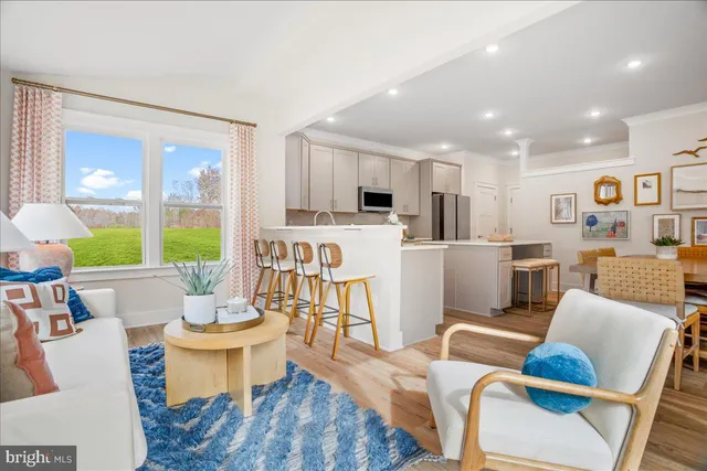 a living room with stainless steel appliances furniture a rug and a kitchen view