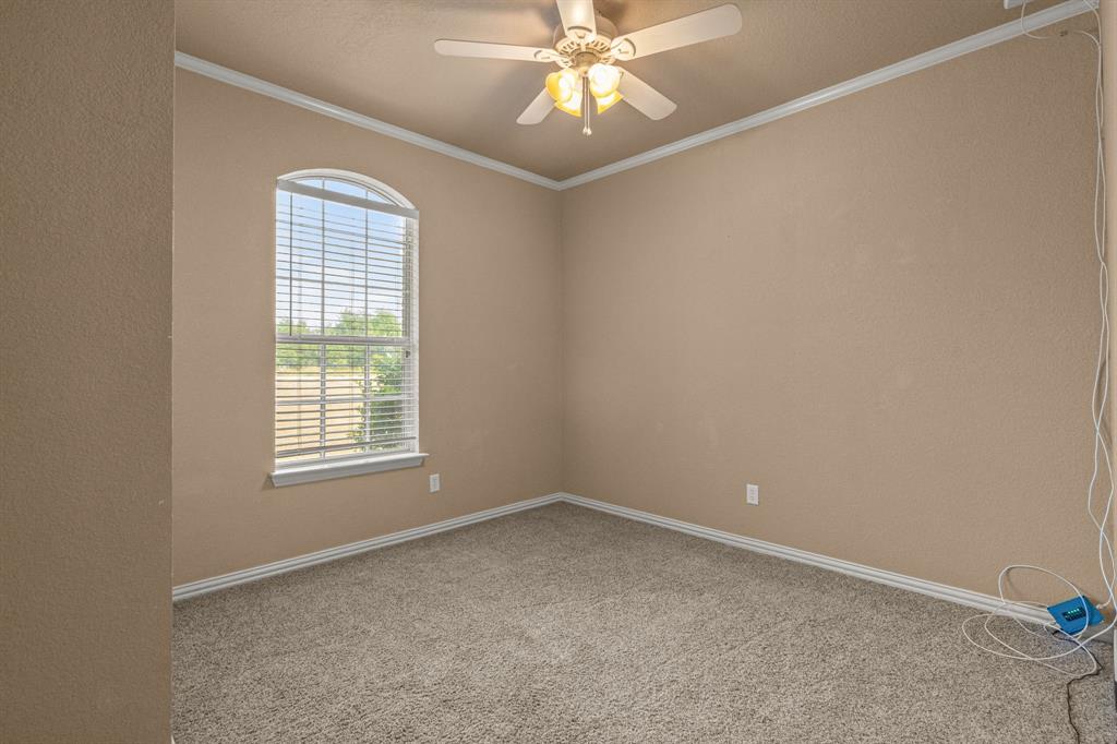 6501 Indian Trail Sanger, TX 76266 - Photo 15 of 39 Unfurnished room with light carpet, ceiling fan, and crown molding
