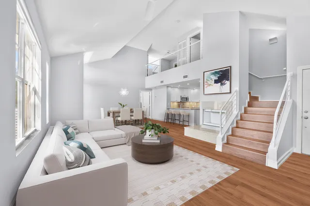 a living room with furniture and a potted plant