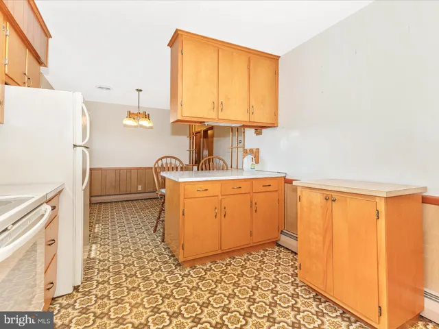 a kitchen with a refrigerator and a stove