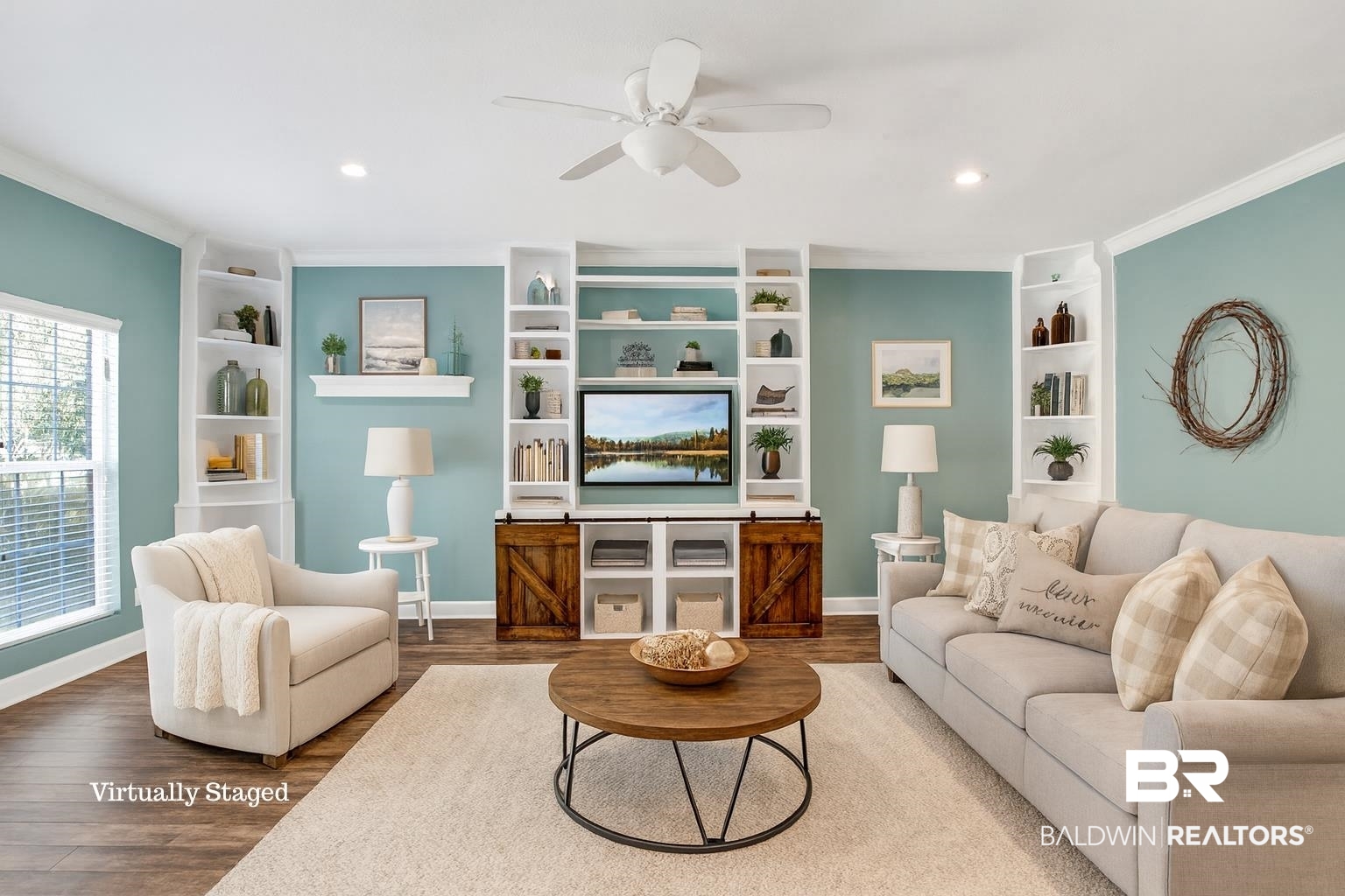 11835 Island Drive Foley, AL 36535 - Photo 5 of 53 Living area featuring built in features, ceiling fan, wood finished floors, recessed lighting, and crown molding