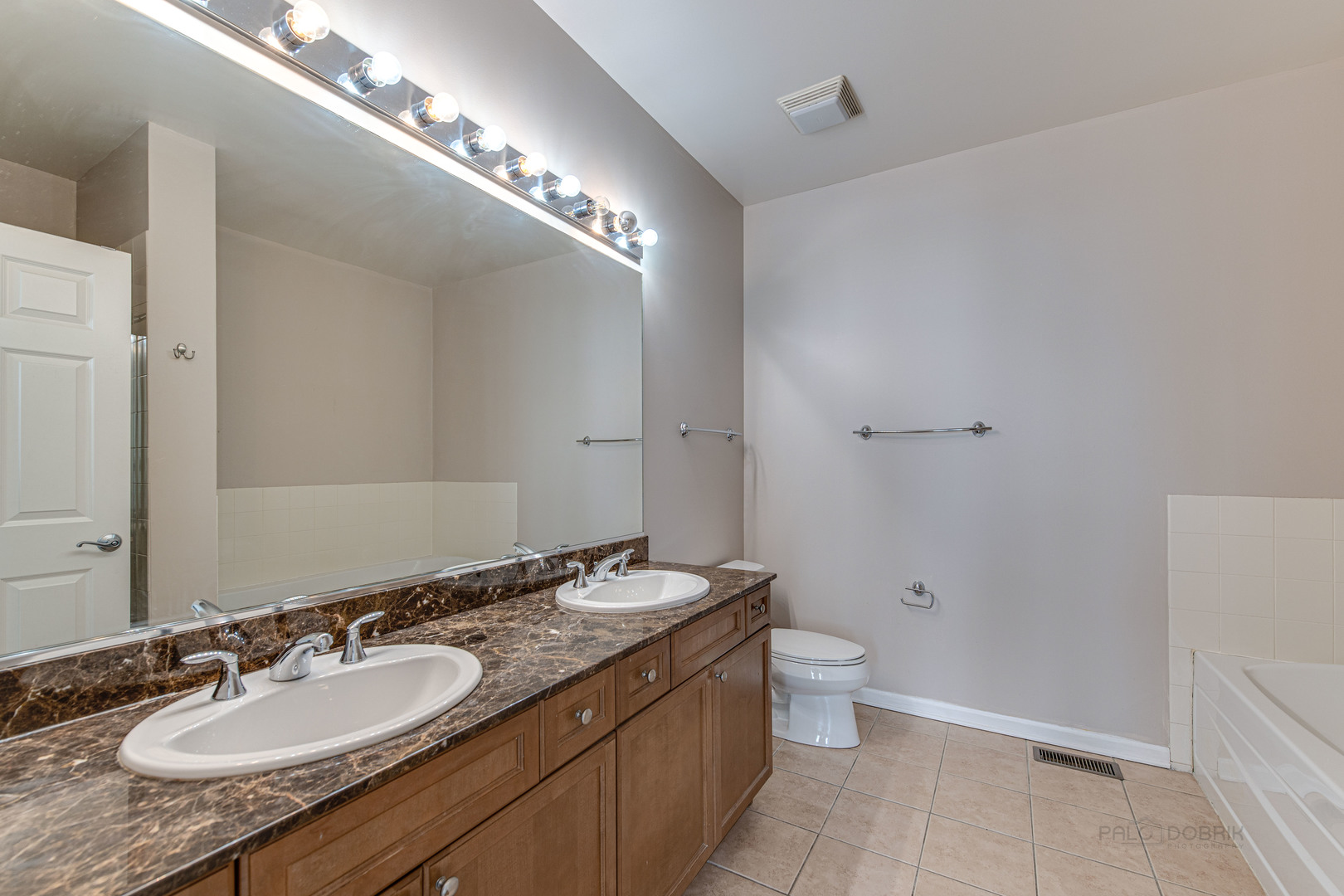 736 West 15th Street Chicago, IL 60607 - Photo 15 of 23 a bathroom with a granite countertop double vanity sink a mirror and a toilet