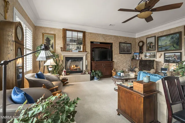 a living room with furniture ceiling fan and a large window