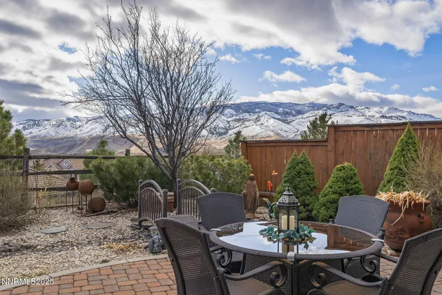 a view of a patio with a dining table and chairs