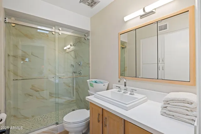 a bathroom with a sink a toilet and shower