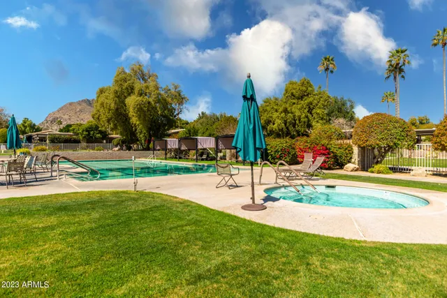 a view of a playground with a patio