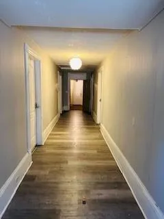 a view of a hallway with wooden floor