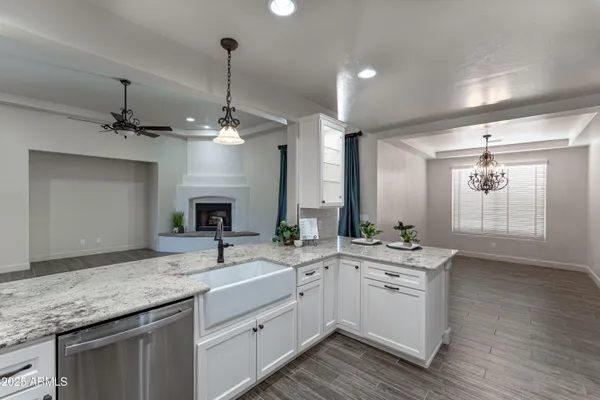a view of a chandelier in a room
